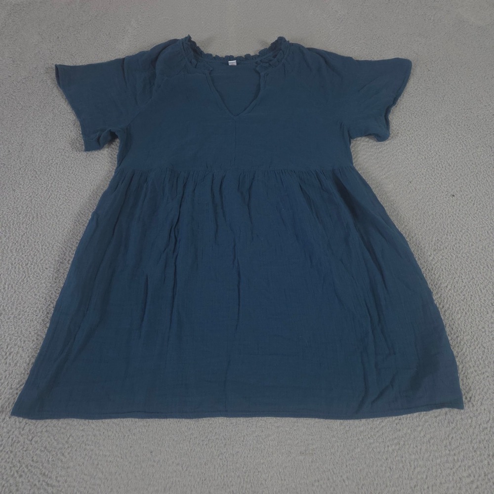Old Navy Dress Womens XL Teal Split-Neck Crinkle Gauze Mini Swing Ruffle Cotton